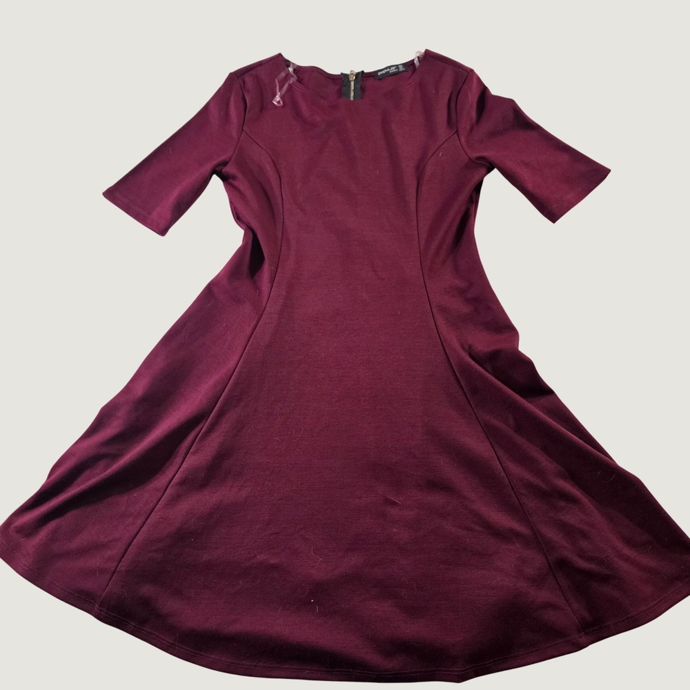 Popular Basics Womens Burgundy Skater Dress Short Sleeve Exposed Zip Maroon M